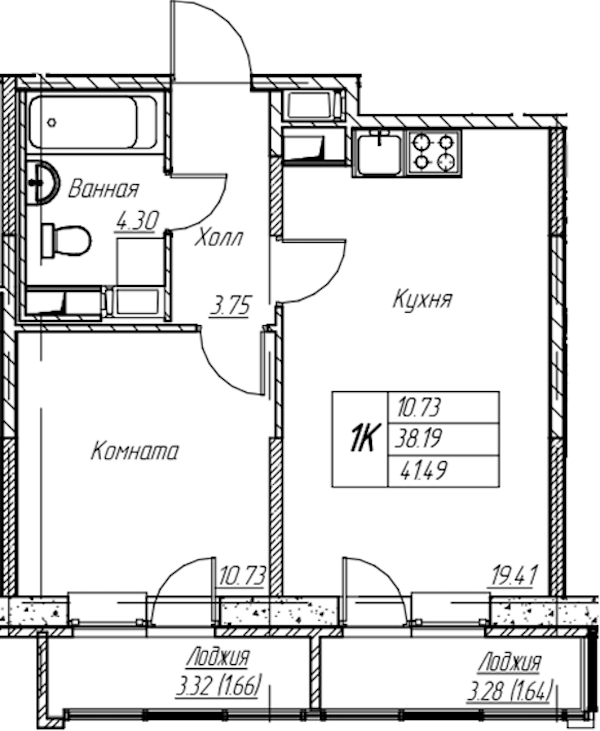 1-комнатная квартира 41.49 м², 21/22 эт., ЖК «Парк-квартал Юнтолово»